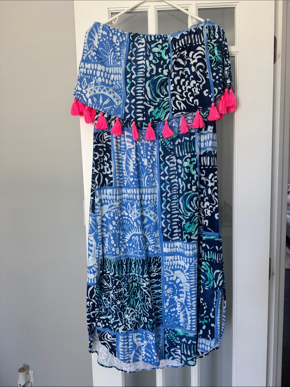 Blue Patchwork strapless dress with Pink Tassels, Lilly Pulitzer, large.